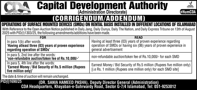 Capital Development Authority Islambad Tender Notice